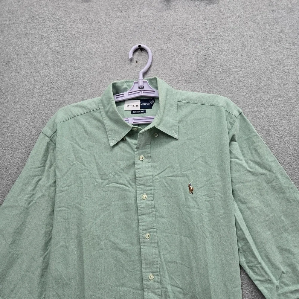 Ralph Lauren Men Button Up Shirt 15.5 Green Embroidered Classic Chambray